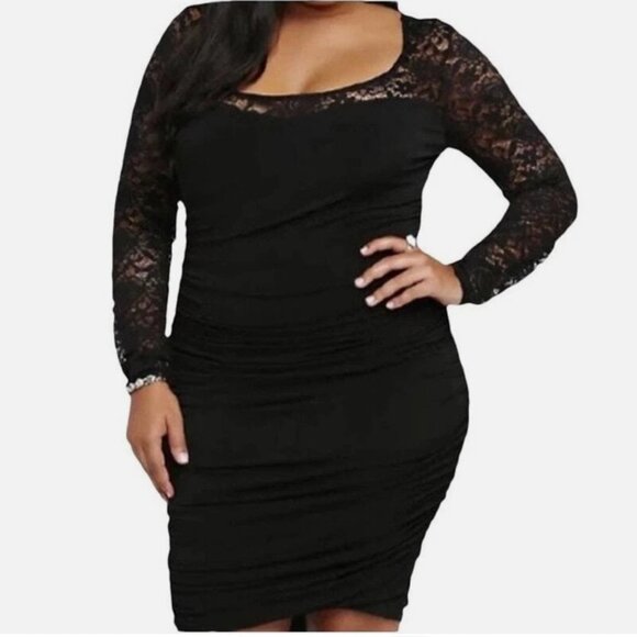 Torrid Black Lace Illusion Shirred Sheath Long Sleeve Stretch Dress Size 1/ 1X - Picture 1 of 6